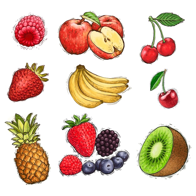 Conjunto de ilustración acuarela de colección de frutas