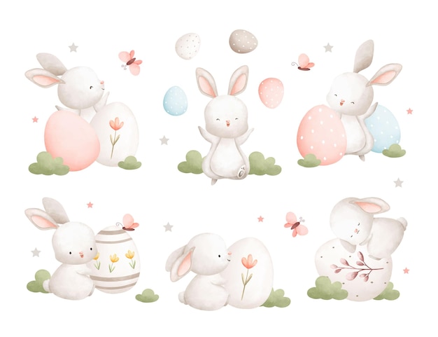 Conjunto de ilustración de acuarela de conejo de Pascua y huevo de Pascua