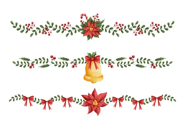 Vector conjunto de ilustración en acuarela de corona navideña y decoración de bordes