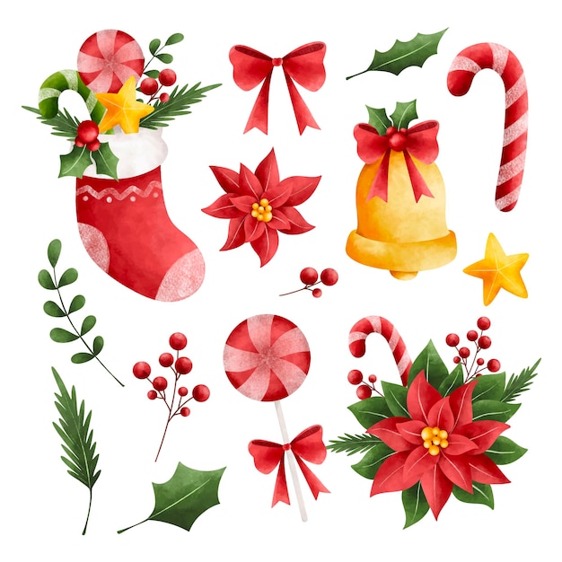 Conjunto de ilustración acuarela de elementos navideños.