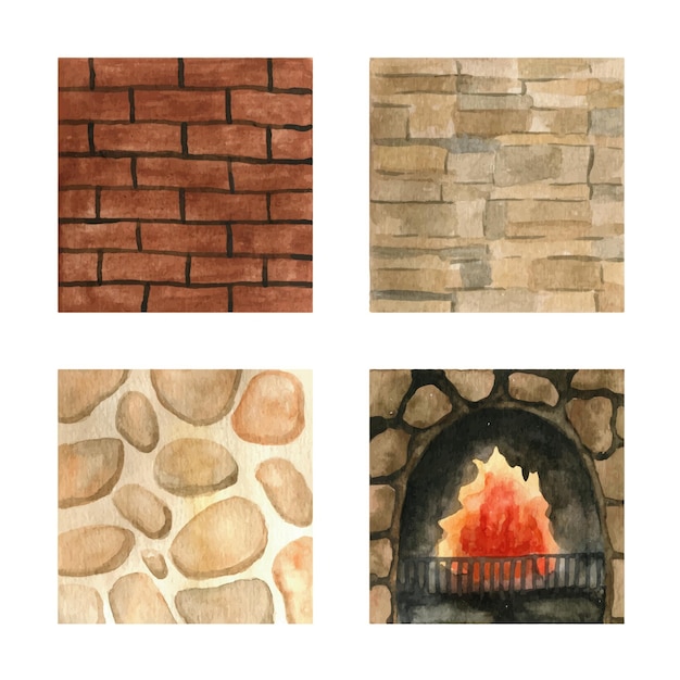 Conjunto de ilustración de acuarela con fuego de material de pared de piedra natural en la chimenea