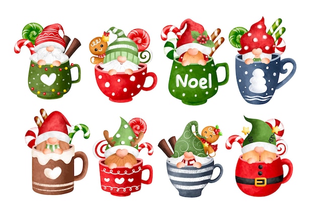 Conjunto de ilustración de acuarela de gnomos navideños en taza y dulces navideños