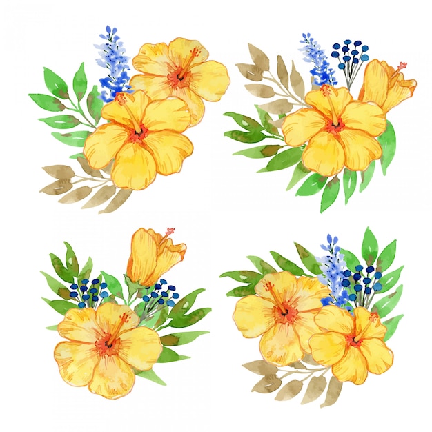 Conjunto de ilustración acuarela hibisco amarillo y lavanda azul