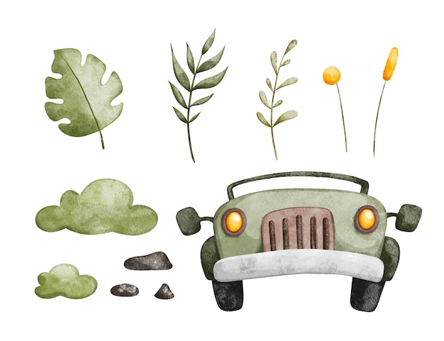 Vector conjunto de ilustración de acuarela de hojas tropicales y jeep safari