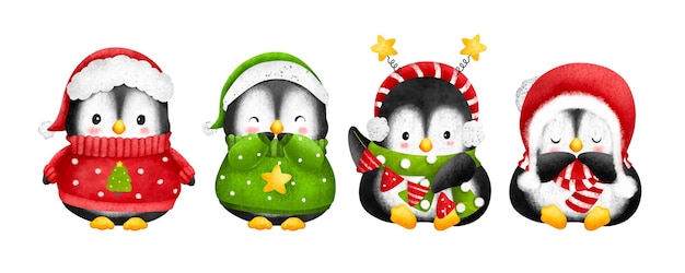 Conjunto de ilustración de acuarela de lindo personaje de pingüino de Navidad