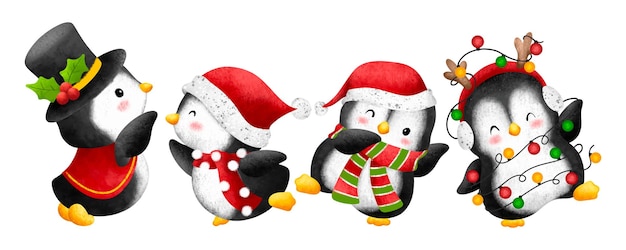 Conjunto de ilustración de acuarela de lindo personaje de pingüino de navidad