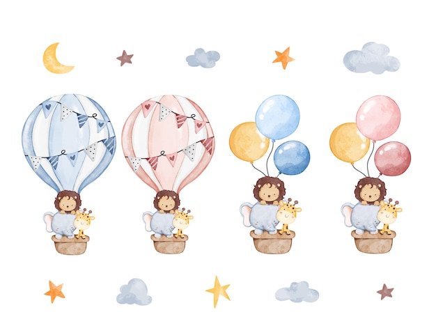 Conjunto de ilustración de acuarela de lindos animales de safari y globos con elementos de estrella y luna