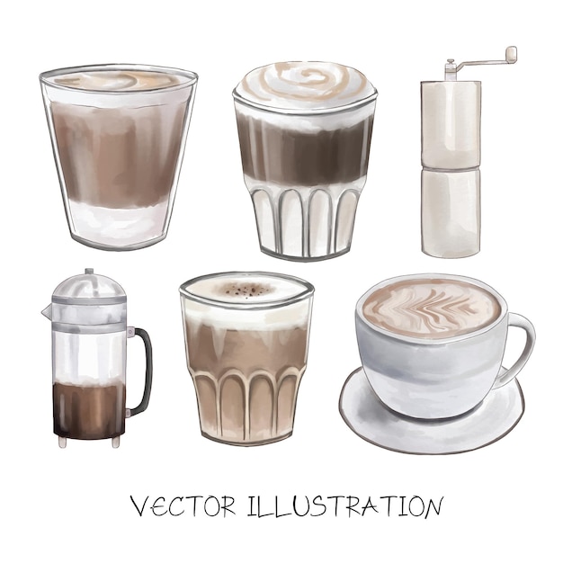 conjunto de ilustración de acuarela de máquina de café de café