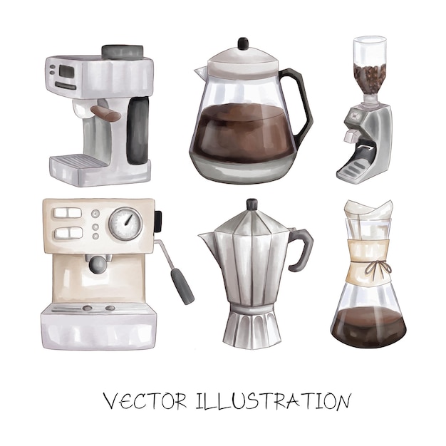 Conjunto de ilustración de acuarela de máquina de café de café