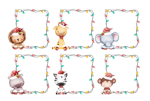 Conjunto de ilustración de acuarela de marco de luz de Navidad con animales de safari bebé