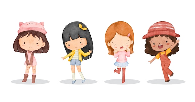 Conjunto de ilustración de acuarela de niñas lindas