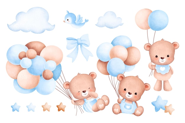 Vector conjunto de ilustración de acuarela de oso bebé y globos