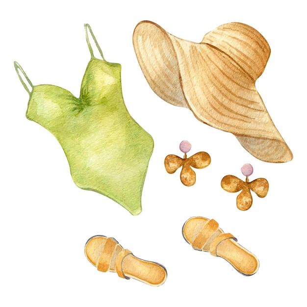 Conjunto de ilustración de acuarela de ropa de verano de mujer aislado en blanco Estilo de playa de dibujado a mano