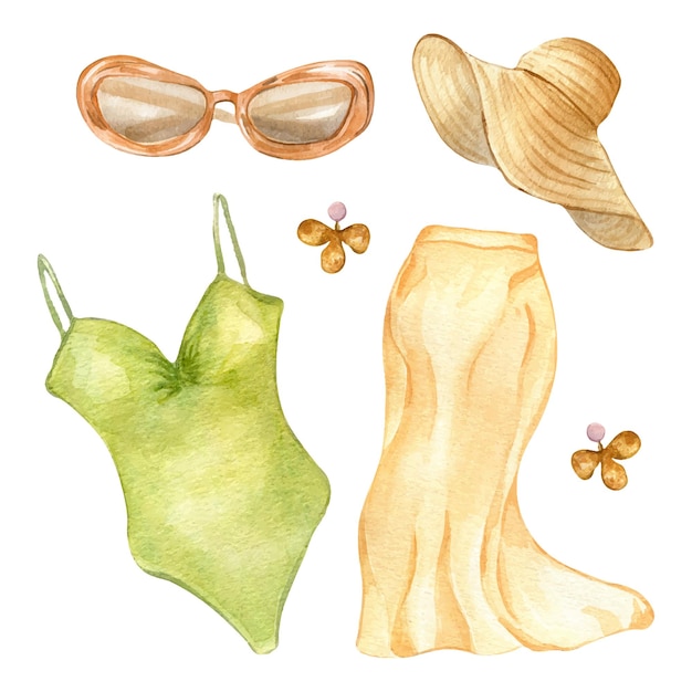 Conjunto de ilustración de acuarela de ropa de verano de mujer aislado en blanco Estilo de playa de trajes de baño