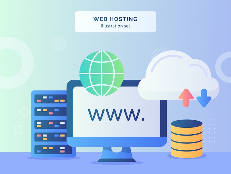 Vector conjunto de ilustración de alojamiento web, monitor de pantalla de sitio web, ordenador cercano, carga de servidor de globo, descarga con estilo plano.