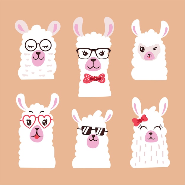 Conjunto de ilustración animal llama con gafas de sol