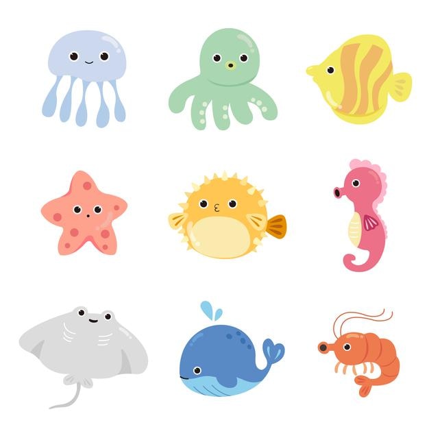 Conjunto de ilustración de animales marinos lindo Vector Premium