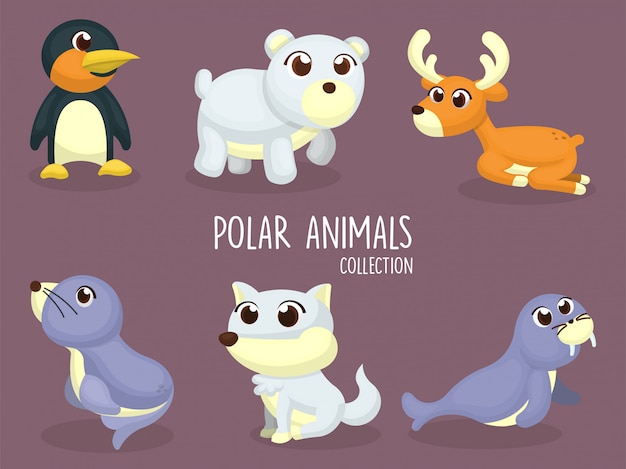 Conjunto de ilustración de animales polares, pingüino, oso, ciervo, león marino, lobo, morsa en dibujos animados