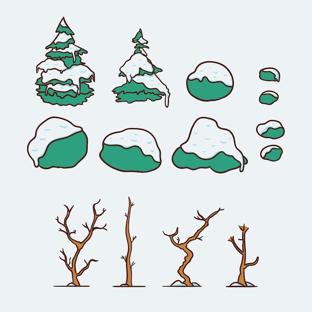 Conjunto de ilustración de árbol de invierno cubierto de nieve
