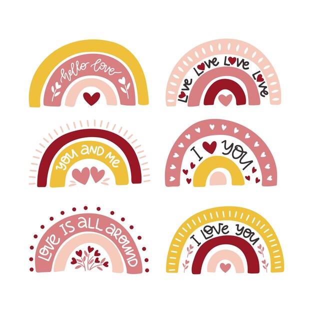 Conjunto de ilustración de arco iris de vivero boho dibujado a mano. Tarjeta de felicitación del día de San Valentín.