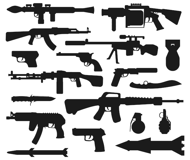 Conjunto de ilustración de armas militares siluetas vectoriales aisladas