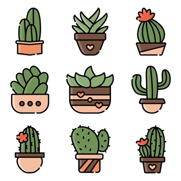 Conjunto de ilustración de arte de línea de cactus