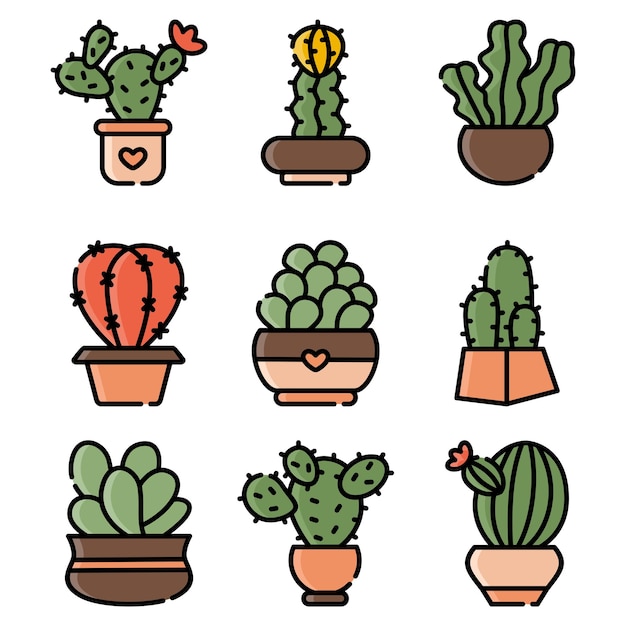 Conjunto de ilustración de arte de línea de cactus