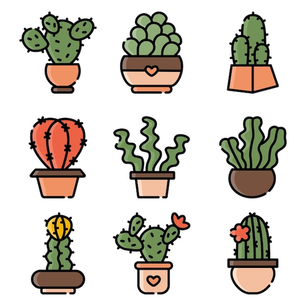 Conjunto de ilustración de arte de línea de cactus