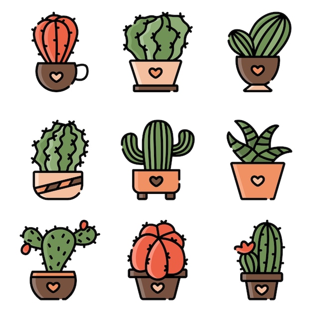 Conjunto de ilustración de arte de línea de cactus