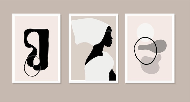 Vector conjunto de ilustración de arte de pared abstracto con líneas y formas de retrato de mujer negra