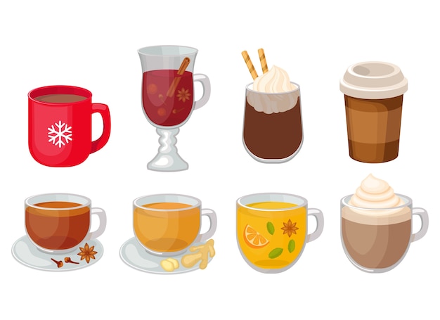 Conjunto de ilustración de bebida caliente diferente aislado sobre fondo blanco. Café, vino caliente, té picante, chocolate caliente, té de jengibre.