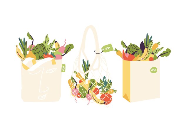 Conjunto de ilustración de bolsas de compras ecológicas con productos