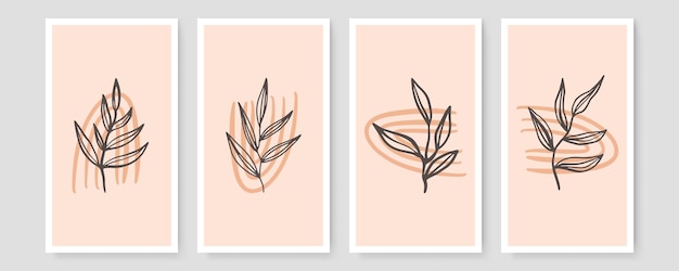 Conjunto de ilustración botánica minimalista de moda como composiciones de arte de línea abstracta con hojas, póster de arte de pared moderno