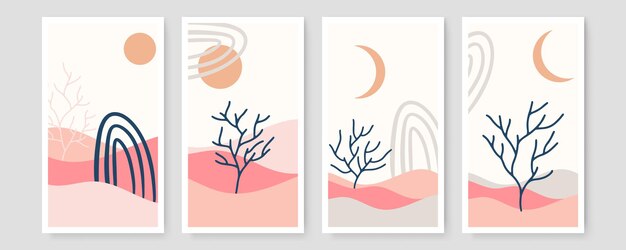 Conjunto de ilustración botánica minimalista de moda como composiciones de arte de línea abstracta con hojas, póster de arte de pared moderno