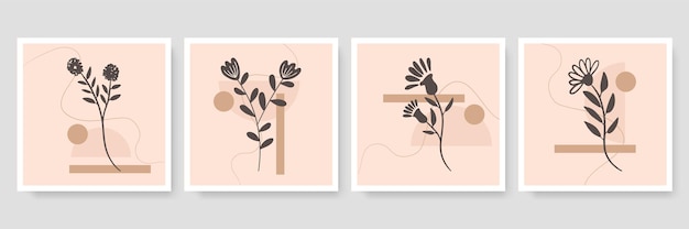 Conjunto de ilustración botánica minimalista de moda como composiciones de arte de línea abstracta con hojas, póster de arte de pared moderno