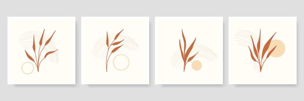Conjunto de ilustración botánica minimalista de moda como composiciones de arte de línea abstracta con hojas, póster de arte de pared moderno