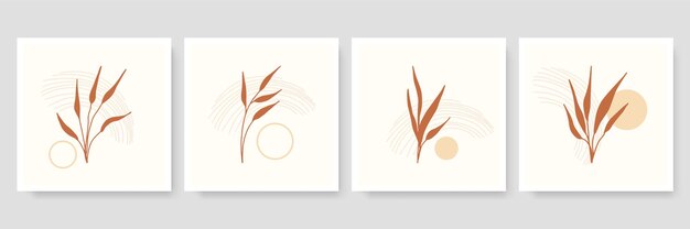 Vector conjunto de ilustración botánica minimalista de moda como composiciones de arte de línea abstracta con hojas, póster de arte de pared moderno