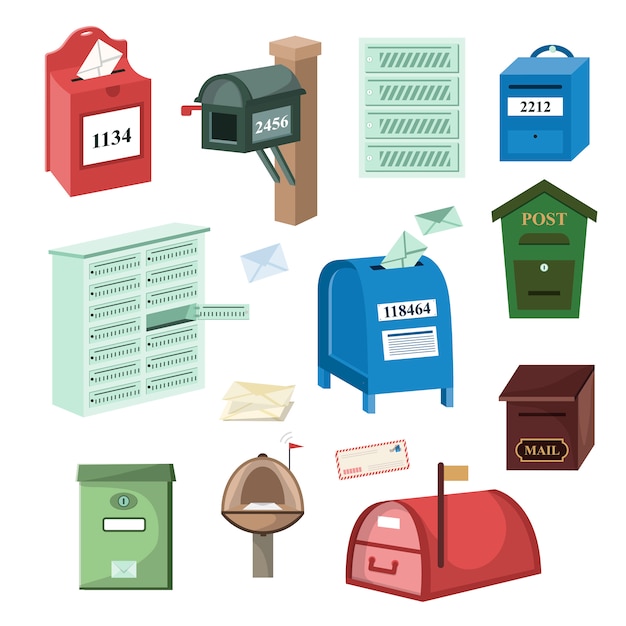Vector conjunto de ilustración de buzón de correo postal o buzón de correo postal conjunto de buzones para entrega de cartas enviadas por correo aisladas sobre fondo blanco