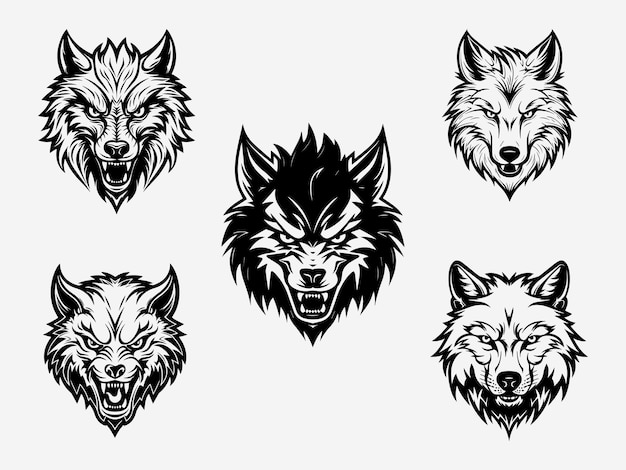 Conjunto de ilustración de cabeza de lobo blanco y negro que exuda fuerza y sabiduría