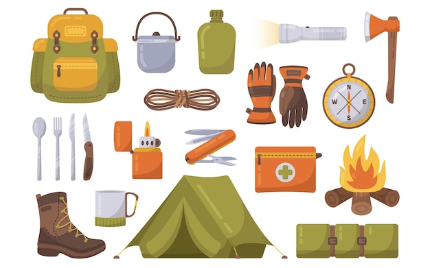 Conjunto de ilustración de camping al aire libre Bushcraft Kit