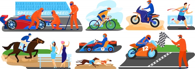 Conjunto de ilustración de carreras de personas, personaje de deportista de dibujos animados corriendo en bicicleta, terminando primero en la carrera deportiva, conduciendo un automóvil