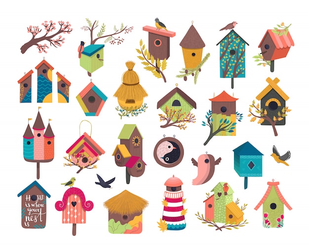 Conjunto de ilustración de casa de pájaros decorativos, casa de pájaros linda de dibujos animados para pájaros voladores, iconos planos de birdbox lindo aislados en blanco