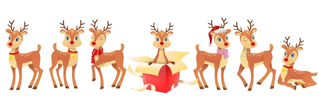 Vector conjunto de ilustración de ciervos divertidos de navidad