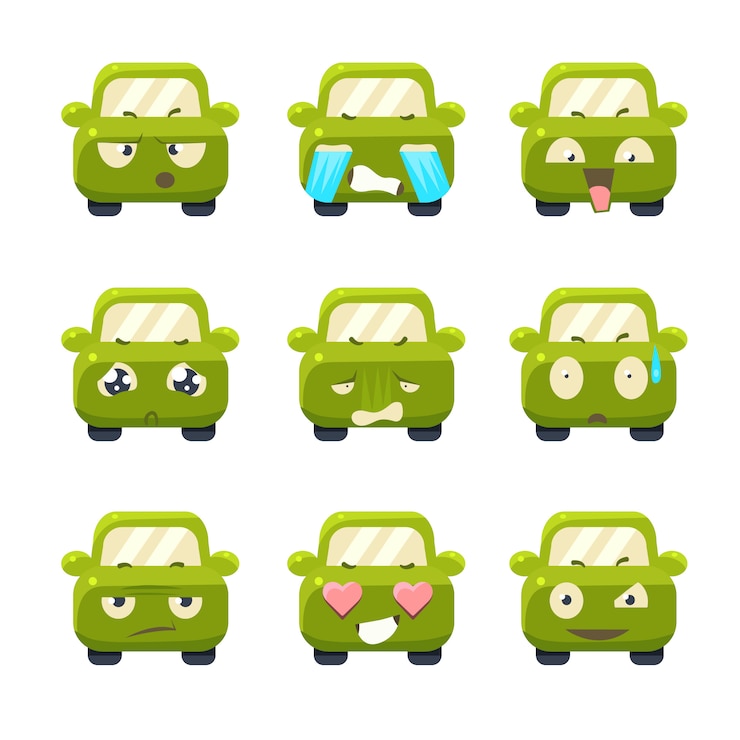 Vector conjunto de ilustración de coches lindos con emoticonos