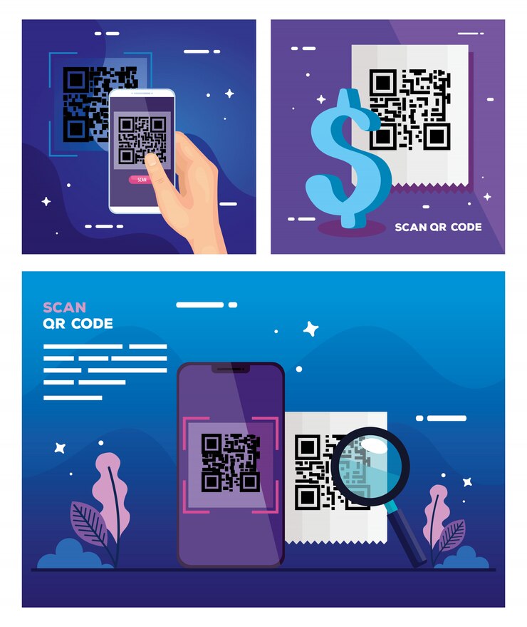 Vector conjunto de ilustración de código de escaneo qr y elementos