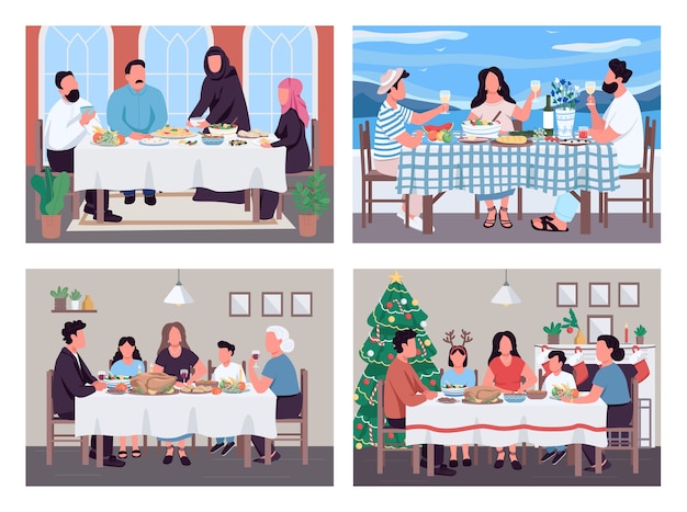 Conjunto de ilustración de color plano de cenas familiares tradicionales