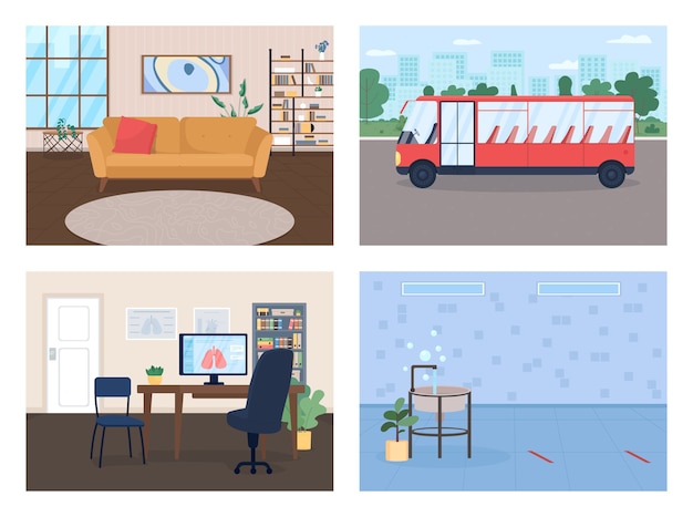 Vector conjunto de ilustración de color plano de entorno social sala de estar moderna hogar de moda kindergarten baño médico oficina interior de dibujos animados