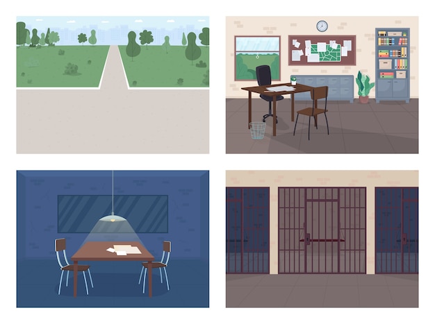 Conjunto de ilustración de color plano de la estación de policía Oficina de policía vacía Sala de interrogatorios Investigación del crimen Parque público Departamento legal D Interior de dibujos animados con muebles