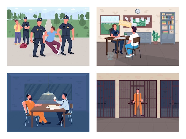 Conjunto de ilustración de color plano de investigación policial Arresto oficial ladrón entrevista a víctima Policía testigo y personajes de dibujos animados criminales con departamento