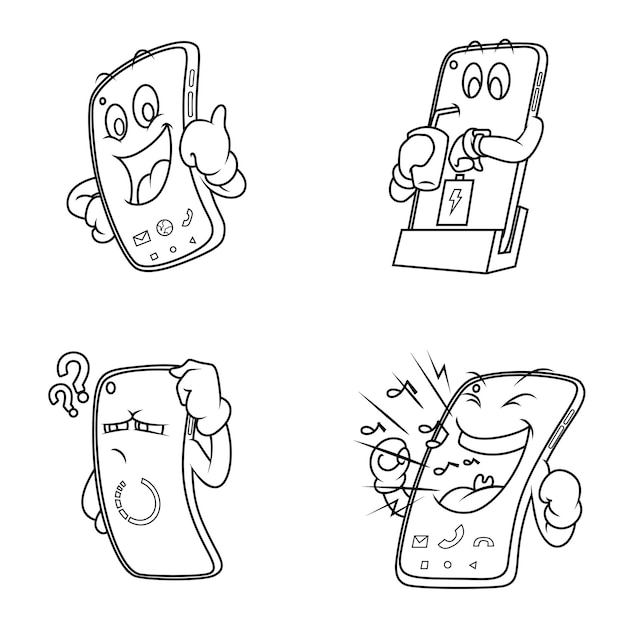 Conjunto de ilustración para colorear de teléfono inteligente de dibujos animados